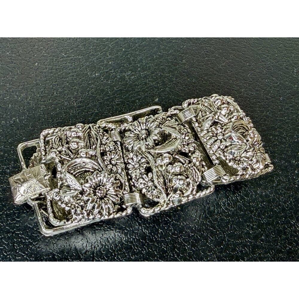 Vintage Sarah Coventry Antique Garden Wide Floral 6 Panel Bracelet 7.5”